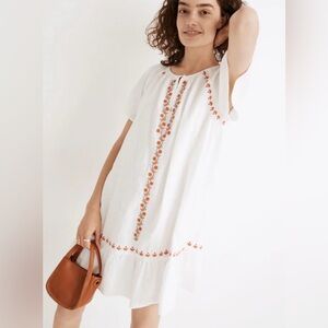 Madewell Embroidered Linen-Blend Raglan Ruffle Mini Dress